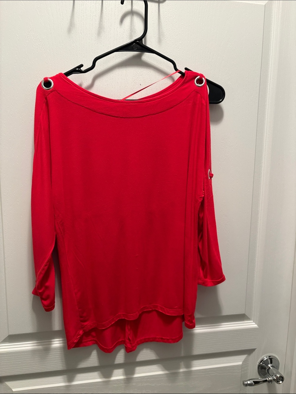 Cable & Gauge Bright Red Off-Shoulder Long Sleeve Top with Grommet Accent